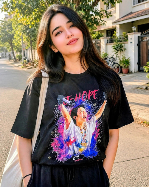 J-Hope in Motion Oversized T-Shirt | Unisex Fit, Soft Cotton Fabric, Ribbed Crew Neckline, K-pop Fan Wear, Front Graphic Print
