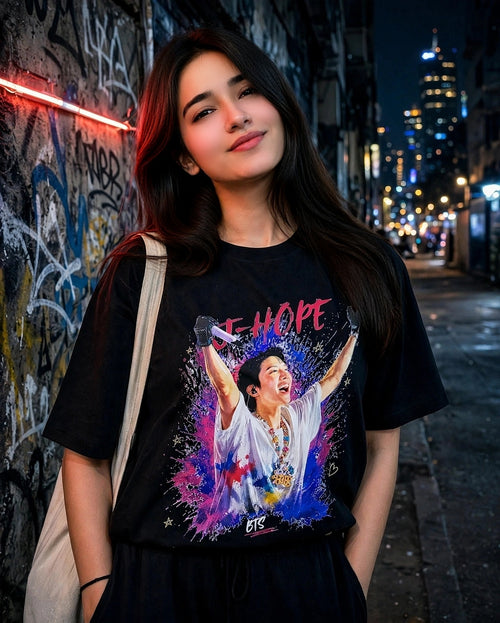 J-Hope in Motion Oversized T-Shirt | Unisex Fit, Soft Cotton Fabric, Ribbed Crew Neckline, K-pop Fan Wear, Front Graphic Print