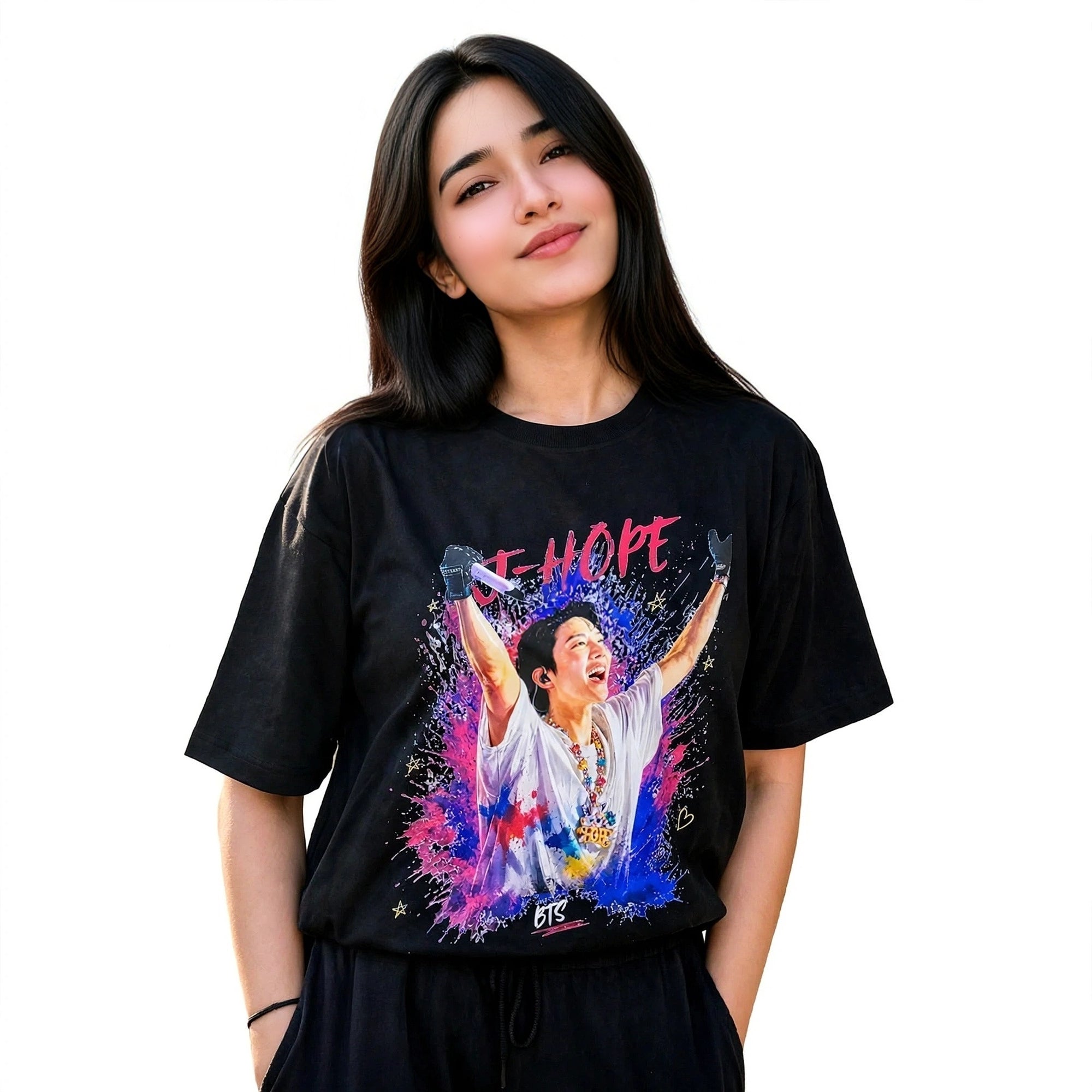 J-Hope in Motion Oversized T-Shirt | Unisex Fit, Soft Cotton Fabric, Ribbed Crew Neckline, K-pop Fan Wear, Front Graphic Print