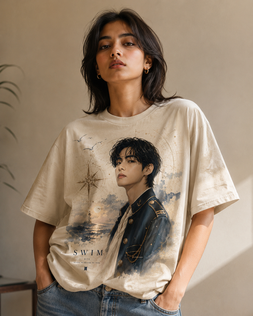 SWIM V Oceanic Graphic Oversized T-Shirt – Cream Beige