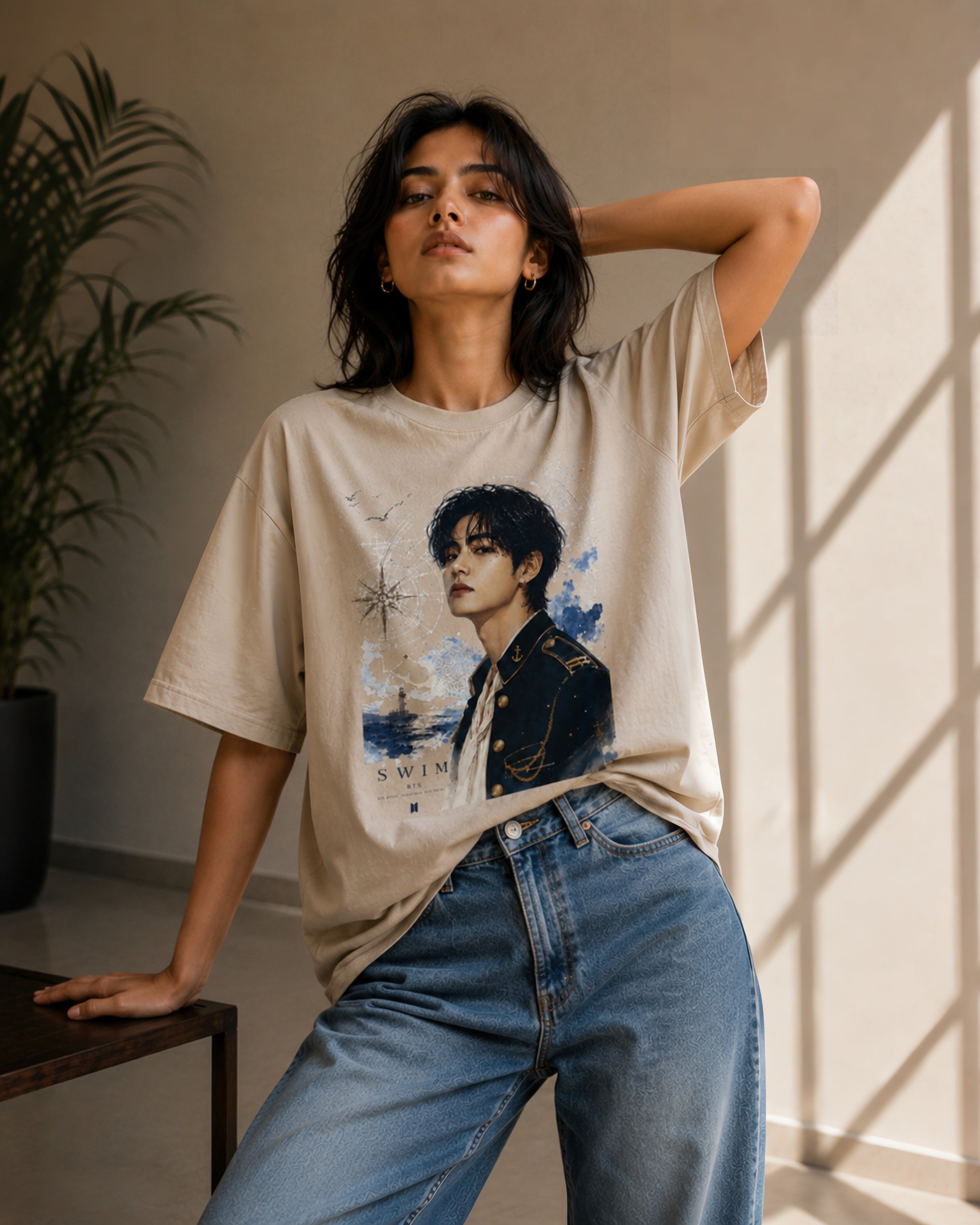 SWIM V Oceanic Graphic Oversized T-Shirt – Cream Beige